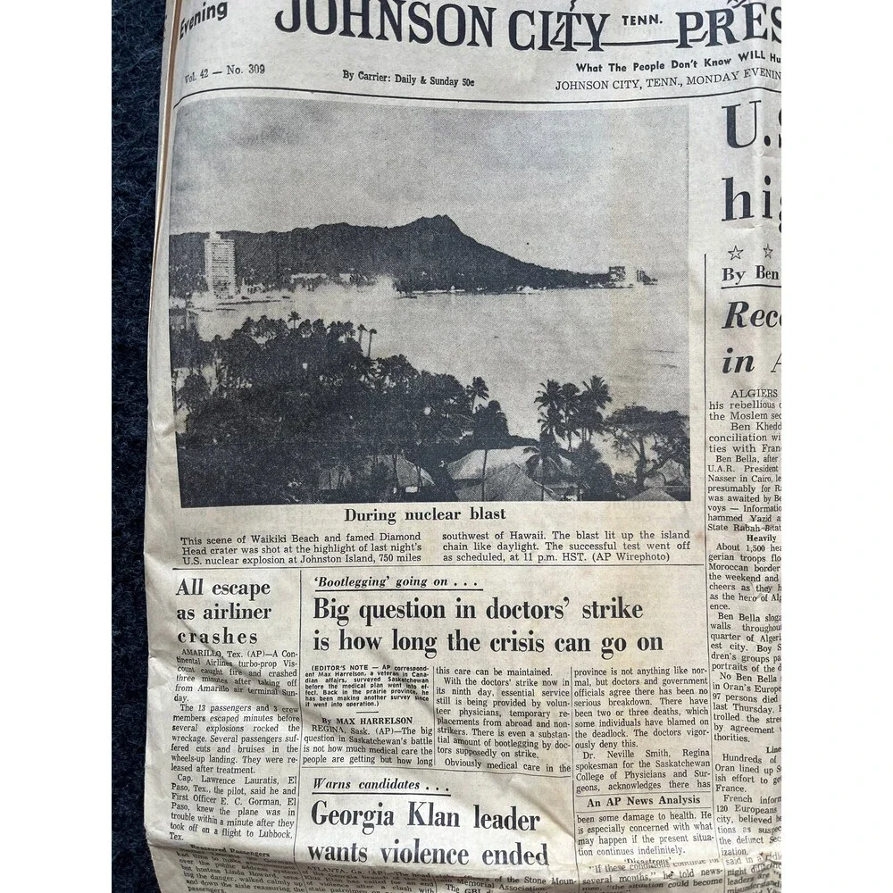 1962 Operation Dominic US Tests 31 Nuclear Bombs, Original Vintage Newspaper, C
